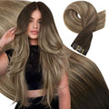Moresoo Real Human Hair Clip in Extensions Dark Brown to Blonde Seamless Extensions Clip in Human Hair Balayage Dark Brown to Golden with Medium Blonde Pu Weft Invisible for Thickness 150g/7pcs 22in