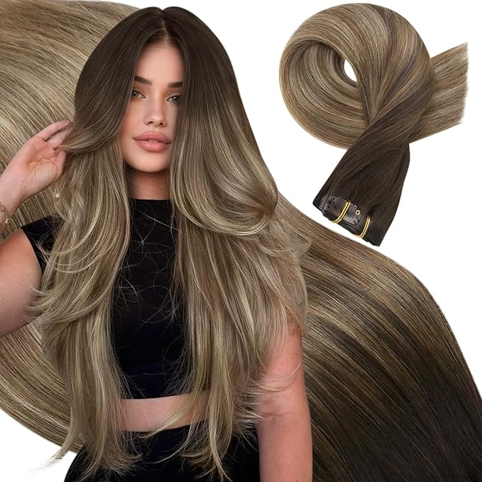 Moresoo Seamless Clip in Hair Extensions Human Hair Balayage Brown to Blonde Human Hair Extensions Clip ins Dark Brown to Light with Dark Honey Blonde Invisible for Women Thick 135g/7pcs 20in