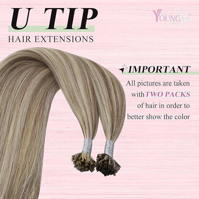 YoungSee U Tip Hair Extensions Human Hair Highlight Light Brown and Blonde Utip Human Hair Extension for Thin Hair Pre Bonded U Tip Remy Hair Extension Hot Fusion K Tip Hair Extensions Soft 50s/50g