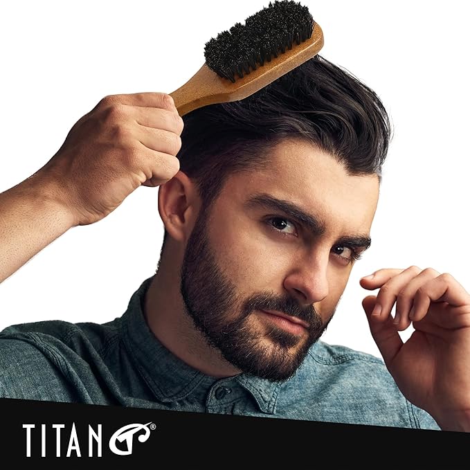 TITAN Double Sided Boar Bristle Brush, 100% Natural Firm and Soft Bristles with Wooden Handle, 2-in-1 Hair Brush for Waves, Fades, and Slick Back Styling, Durable Wood Design for Men and Women