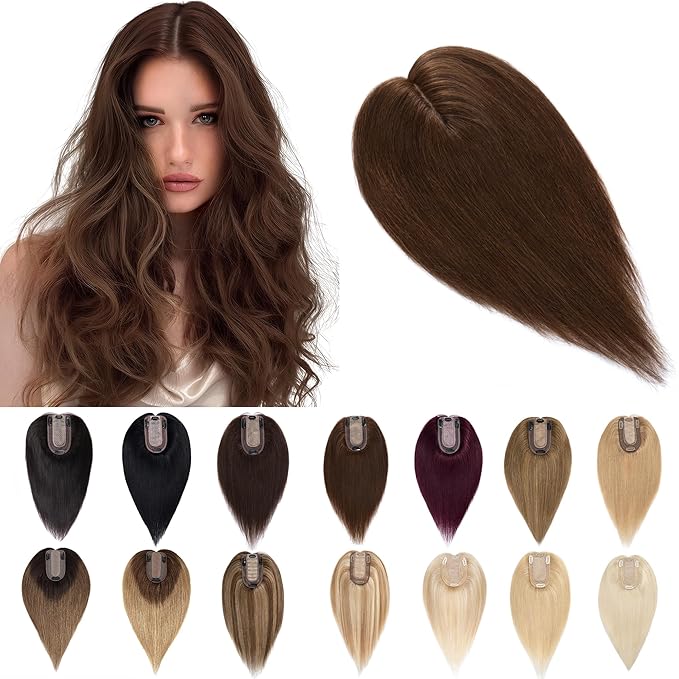 SEGO Human Hair Toppers for Women With Thinning Hair, 7 * 13CM Silk Base 100% Real Human Hair Clip in Top Wiglet Hairpieces -12 Inch No Bangs Medium Brown