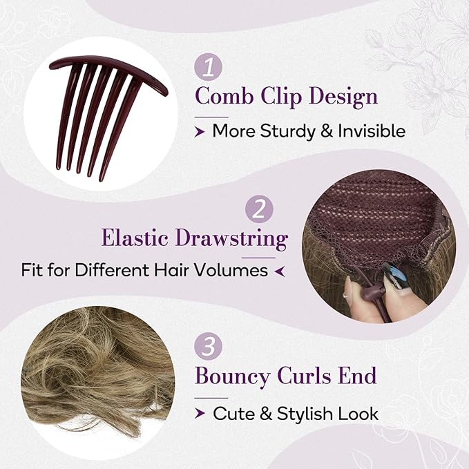 BARSDAR Short Highlight Ponytail Extension - 10 Inch Wavy Drawstring Comb Clip Pony Tails Hairpieces for Women, Synthetic Clip in Ponytail Hair Extensions - Chocolate Brown with Highlights