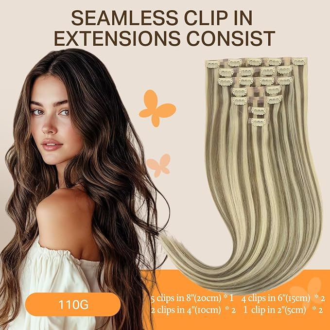 DOORES Hair Extensions Clip in Human Hair - Light Brown Highlighted Medium Blonde, 14 Inch, 110g, 7pcs, Seamless, Natural Straight, Invisi Edge