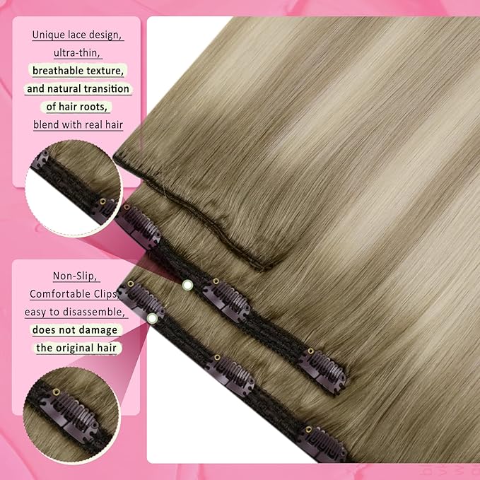 YoungSee 135G Blonde Clip in Hair Extensions Ombre Ash Blonde Mix Platinum Blond Human Hair Clip in Extensions Balayage Clip on Hair Extensions for Women 16Inch 7Pcs