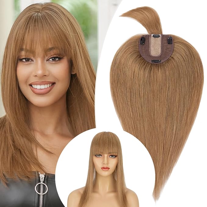Rich Choices Real Human Hair Toppers for Women With Bang 100% Remy Human Hair Topper for Thinning Hair Clip in Silk Base Hair Topper 12 Inch #6 Light Brown
