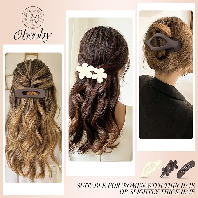 Obeoby 6 PCS Flat Hair Clips for Women, 3 Types French Flat Claw Clips for Thin Thick Hair Barrettes Large Medium (Off-white, dark brown)