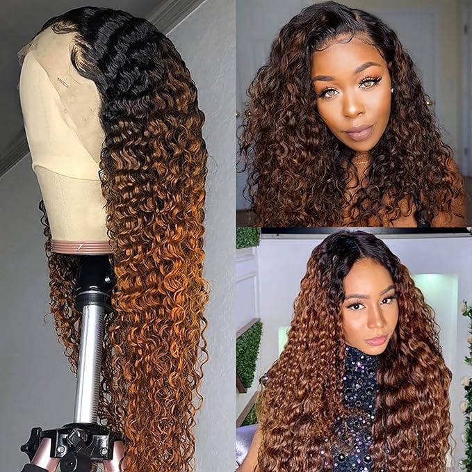 Ombre Brown Lace Front Wigs Human Hair Pre Plucked Curly Wave Brazilian Virgin Hair 13X4 HD Transparent Lace Frontal Wigs with Baby Hair 180% Density 22 Inch