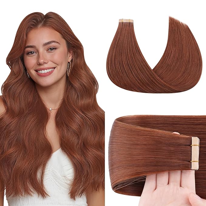 GOO GOO Tape in Hair Extensions Human Hair, #33B Dark Auburn Copper, 24inch 50g 20pcs, Skin Weft Seamless Invisible, Silky Straight with Thick Ends, Remy Human Hair