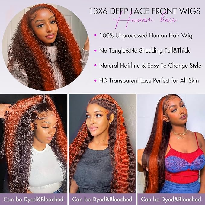 250% Density 13x6 Deep Wave Lace Front Wigs Human Hair 2/350 Deep Curly Frontal Wigs Human Hair Glueless HD Lace Front Human wigs Hair Pre Plucked with Baby Hair for Women