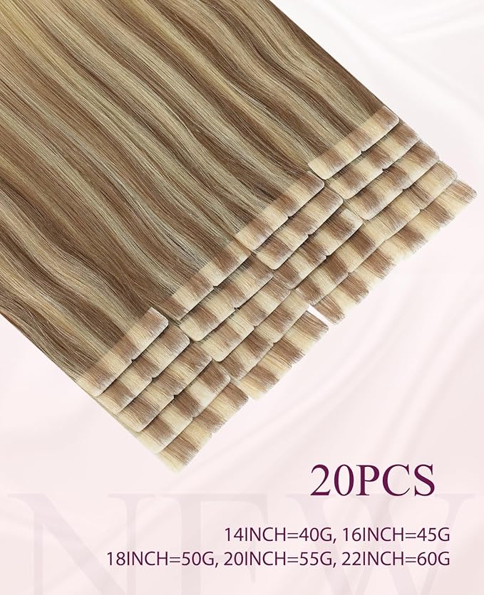 Pinkpearl Invisible Tape in Hair Extensions Human Hair, 20pcs 18inch 50g #10/27/27 Golden Brown to Caramel Blonde Injection Tape in Extensions Real Remy Seamless Human Hair Injected