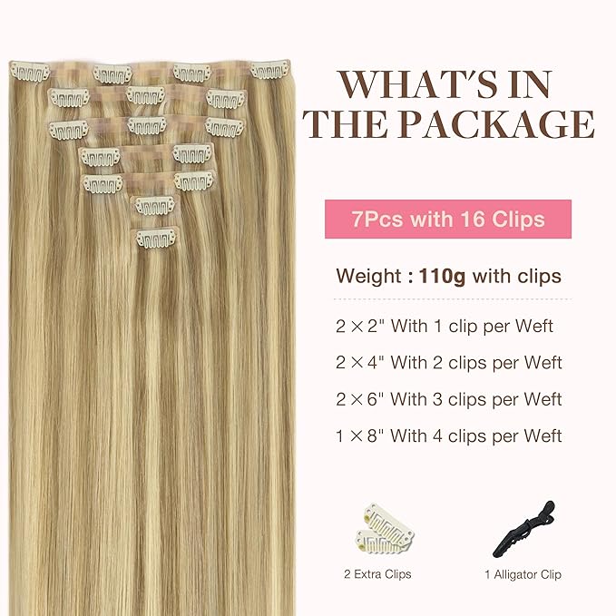 GOO GOO Clip in Hair Extensions Real Human Hair, Remy Human Hair Extensions Clip ins for Women, Natural Human Hair, 14inch 130g 9Pcs, 16/22 Light Blonde Highlighted Golden Blonde
