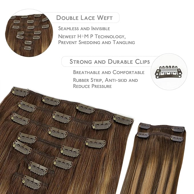WENNALIFE Clip in Hair Extensions, 150g 16 Inch 9pcs Balayage Chocolate Brown to Honey Blonde Human Hair Extensions Thicker Clip in Hair Extensions Real Human Hair Clip Set Double Weft