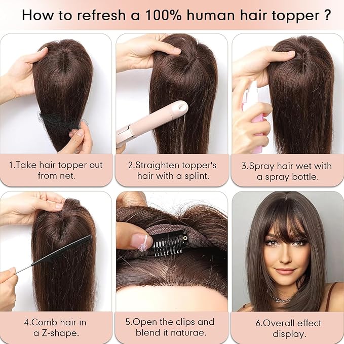 starluck Hair Toppers for Women with Bangs, 5"*5.5"Large Coverage Mixed Brown 100% Real Human Toppers for Women with Thinning Hair,Cover Gray Roots
