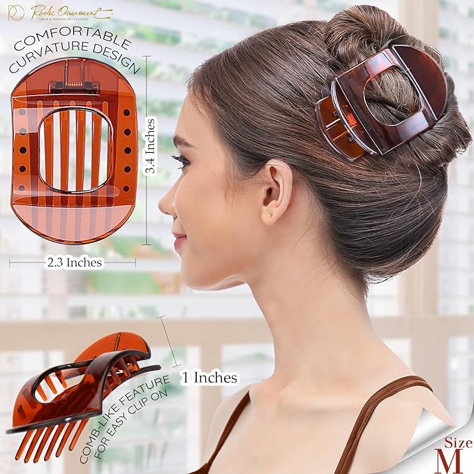 RC ROCHE 6 Pcs Flat Claw Hair Clips for Women Thick Hair French Round Duckbill Square Secure Strong Hold Grip Clamps Barrettes Curved No Slip No Crease Plastic Styling Cute, Medium Brown