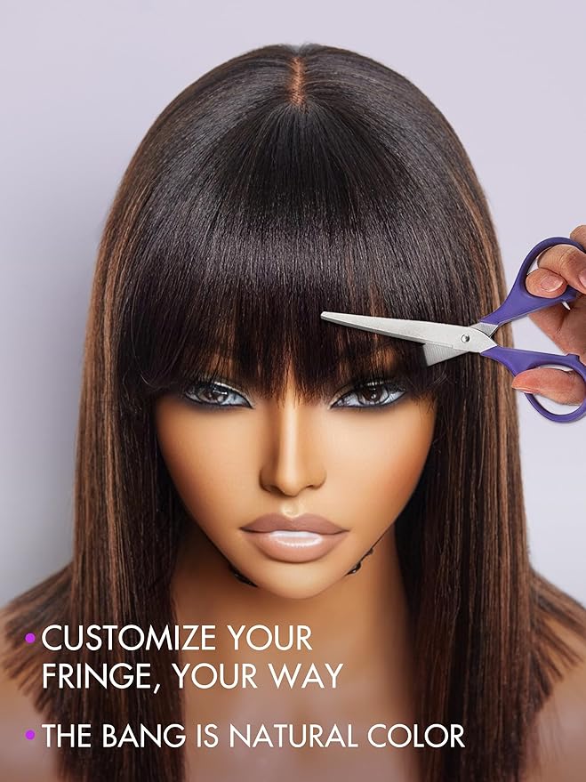 LUVME HAIR 12 Inch Yaki Straight Bob Wig with Bangs Human Hair Glueless HD Lace Bob Wig with Brown Highlights, Ready to Go Short Wigs For Women 180 Density Breathable Cap