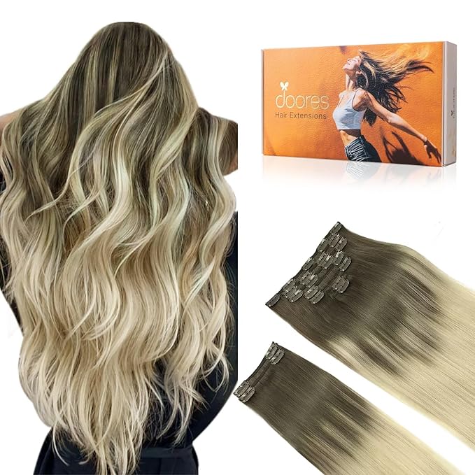 DOORES Hair Extensions Clip in Human Hair - Ash Brown to Platinum Blonde, 24 Inch, 9pcs 150g, Thick Straight Natural Real Hair