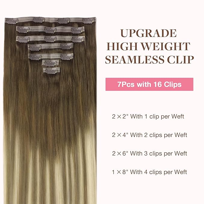 GOO GOO Clip in Hair Extensions Real Human Hair, Remy Human Hair Extensions Clip ins for Women, Natural Human Hair, 22inch 110g 7Pcs, 3/8/613 Balayage Walnut Brown to Ash Brown and Bleach Blonde