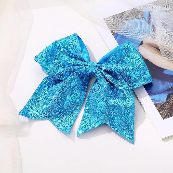 Large Big 7 Inch Glitter Bow Clip Sequin Bling Party Hair Accessories for Women Teens Girls Kids 2 Pcs (PeacockGreen, Blue)