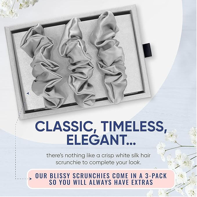 Blissy Silk Scrunchies (3 Pack) - 100% Pure Mulberry Silk - 22 Momme 6A High-Grade Fibers Scrunchie for Straight & Curly Hair - Preventing Breakage, Tangling, & Creasing (Silver Skinny)