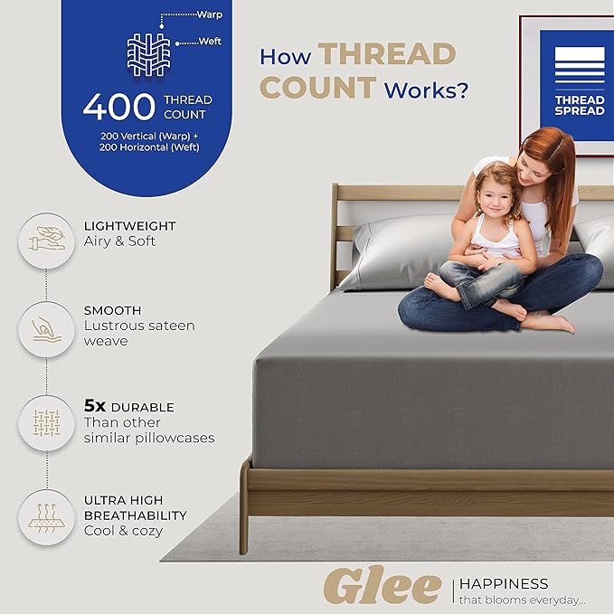 THREAD SPREAD 100% Cotton Pillowcases Standard/Queen Size Set of 2-400 Thread Count Cotton Pillowcases, Ultra Soft Cool Sateen Weave Pillow Cases for Sleeping, Set of 2 Pillow Covers (Dark Grey)