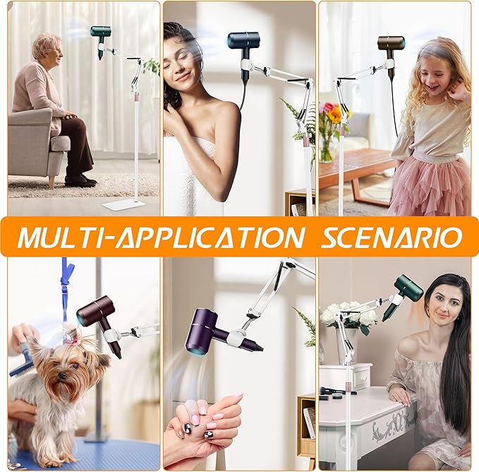 Hair Dryer Stand, 1.68M Height Adjustable, Hands Free Blow Dryer Holder with Heavy Base, 360 Degree Rotating, Work with 99% Dryers, Gift for Mom, Elder, Frozen Shoulder - White