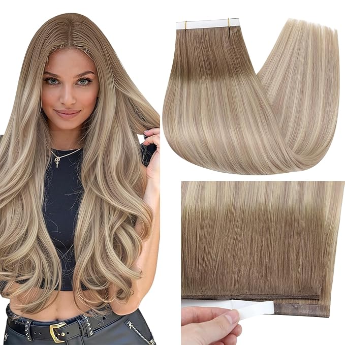 Full Shine Genius Weft Hair Extensions Human Hair Color 8 Ash Brown Ombre 60 Blonde And 18 Dark Ash BLonde Invisible Skin Weft Tape in Extensions Long Tape Weft 20 Inch A Piece 50G for Daily Wear