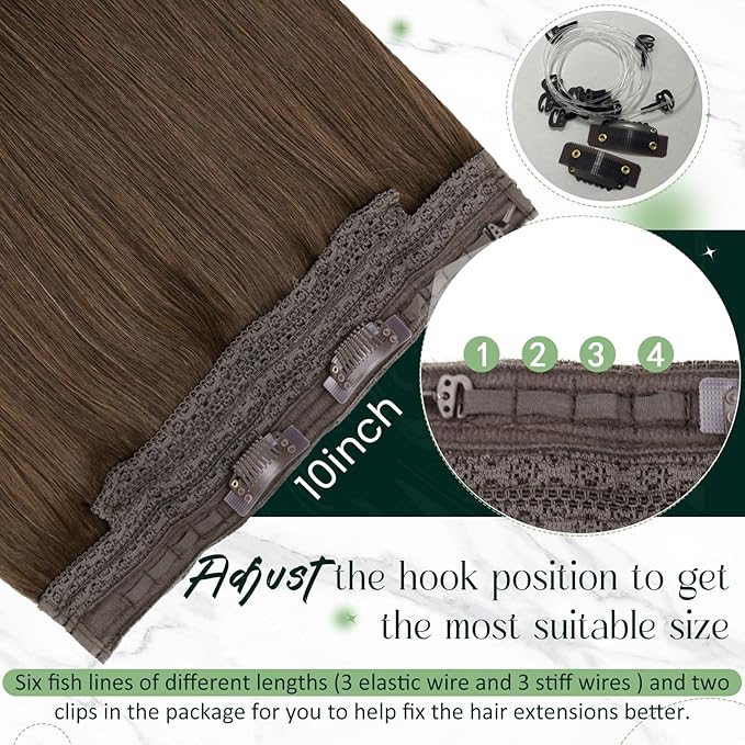 RUNATURE Wire Hair Extensions Real Human Hair Brown, Invisible Wire Hair Extensions 16 Inch, Remy Straight Hair for Party, Natural Looks, Can be Styled #4