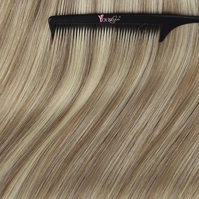 YoungSee Tape in Human Hair Extensions Brown Highlight Tape Extensions Human Hair Light Brown with Blonde Highlight Hair Extension Tapes in Add Length 18 Inch 20pcs 50g