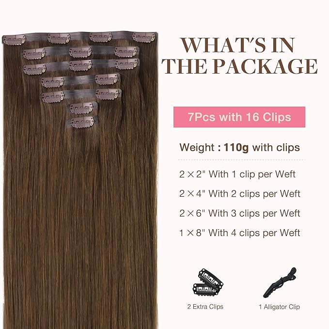 GOO GOO Clip in Hair Extensions Real Human Hair, Remy Human Hair Extensions Clip ins for Women, Natural Human Hair, 24inch 120g 7Pcs, 4A Chocolate Brown