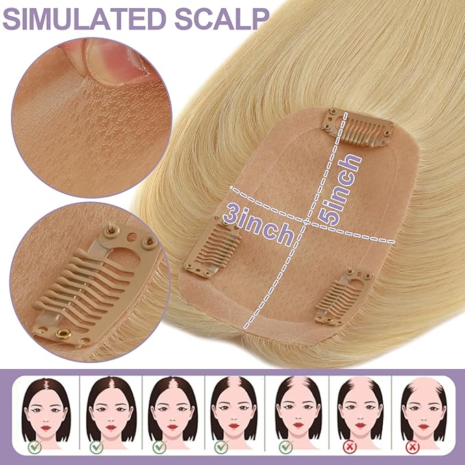 12 Inch Length Hair Toppers for Women with Thinning Hair, 3x5 Inch Injected Silk Base 130% Density Hairpieces #613 Bleach Blonde