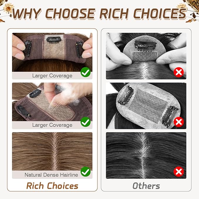 Rich Choices Hair Toppers for Women Real Human Hair 100% Human Remy Toppers NO Bangs for Women with Thinning on Top Clip in Hairpiece 4"x4.7"Lace Base 12 Inch #4R Natural Brown
