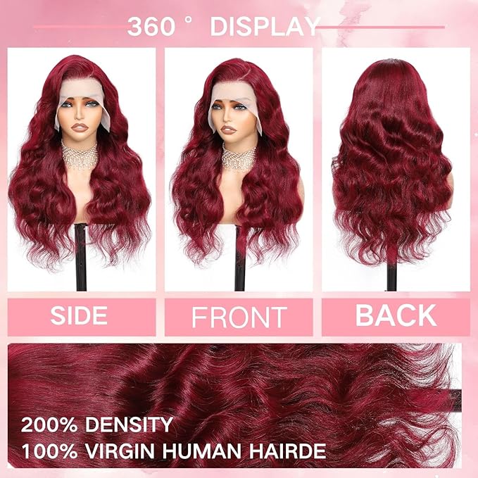 22 Inch 99j Burgundy Lace Front Wigs Human Hair 13x6 HD Transparent Burgundy Wig Human Hair 200 Density Pre Plucked Glueless Frontal Wigs Human Hair for Black Women