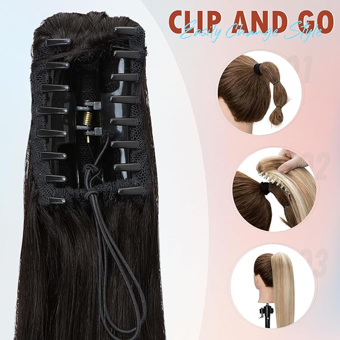 Hairro Claw Clip Ponytail Human Hair Extensions Jaw On Ponytails Remy Long Straight Jaw/Claw Clips Pony Tail Hairpieces For Women 14 Inch 105g 1B Natural Black