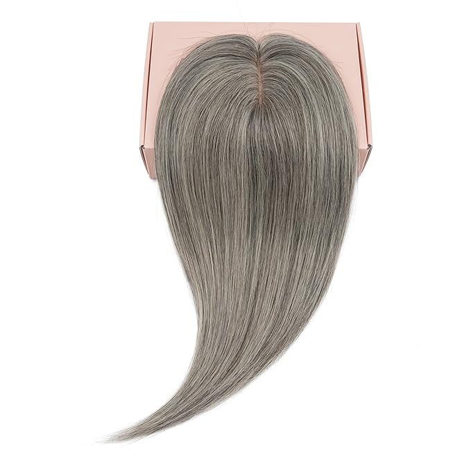 Rich Choices Hair Toppers for Women Real Human Hair 100% Human Remy Toppers NO Bangs for Women with Thinning on Top Clip in Hairpiece 4"x4.7"Lace Base 16 Inch Salt and Pepper G2 Sliver