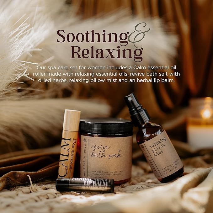 SOULISTIC ROOT Spa Kit for Women – Relaxing Self Care Gift Set with Lavender Pillow Spray, Mint Lip Balm, Calm Essential Oil Roller & Epsom Salt Bath Soak – Luxury Pampering Package for Home & Bath