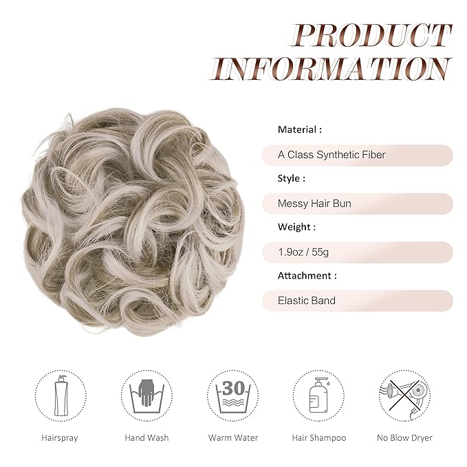 FESHFEN Messy Bun Hair Piece - Large Elastic Wavy Curly Hair Bun Scrunchies Ponytail Extensions Synthetic Chignon Hairpieces for Women, Silver Blonde 1.94oz