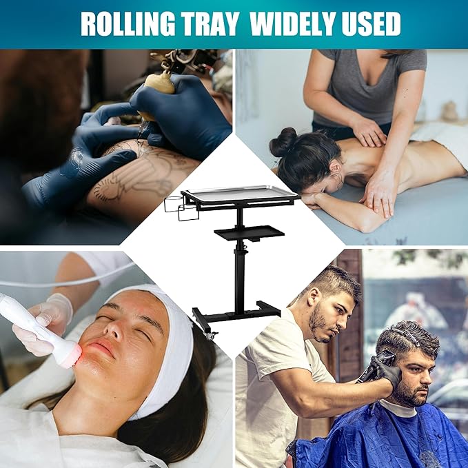 POARMEEY Salon Tray on Wheels, Premium Stainless Steel Tattoo Tray Rolling Trolley, Adjustable Service Rolling Tray Hairdresser Cart with Clinic Spa Rolling Tray Wheels (Black)