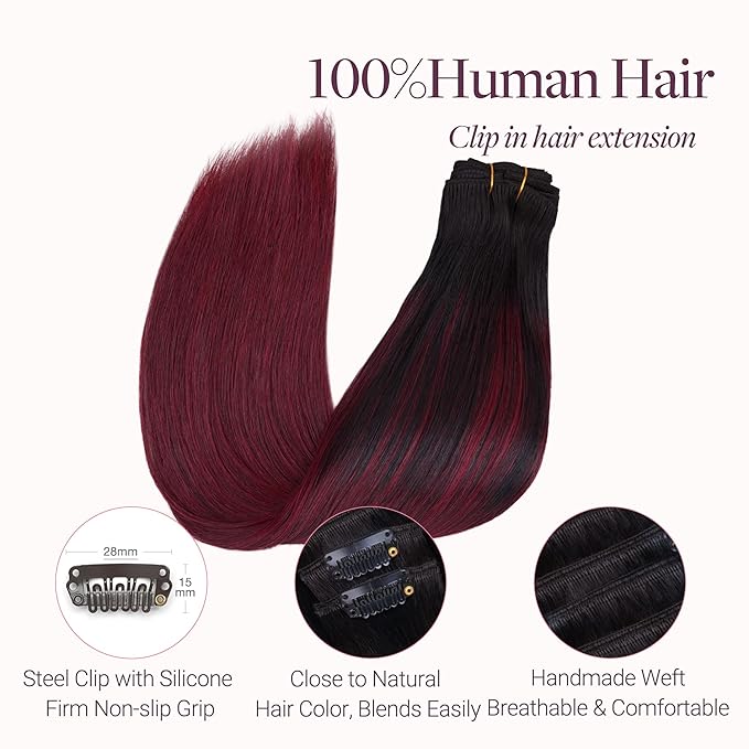 GOO GOO Clip in Hair Extensions Real Human Hair, Remy Human Hair Extensions Clip ins for Women, Natural Human Hair, 26inch 180g 7 Pcs, #1/99j Balayage Jet Black to Red