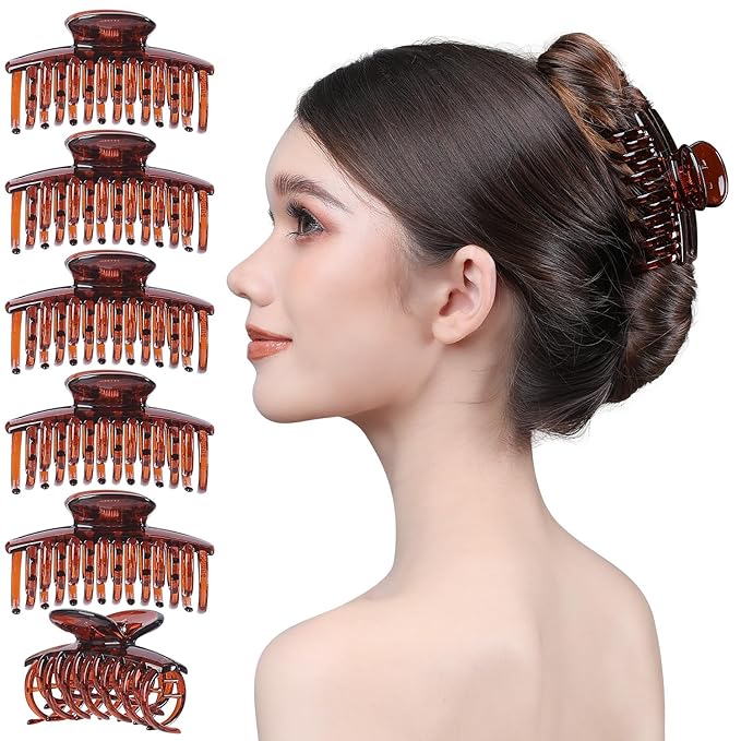 RC ROCHE 6 Pcs Double Claw Hair Clip Tooth Claw Clip Grip Tooth Jaw Clamps Thin Fine Hair Strong Hold No Slip Undo Clutchers for Women, Medium Brown