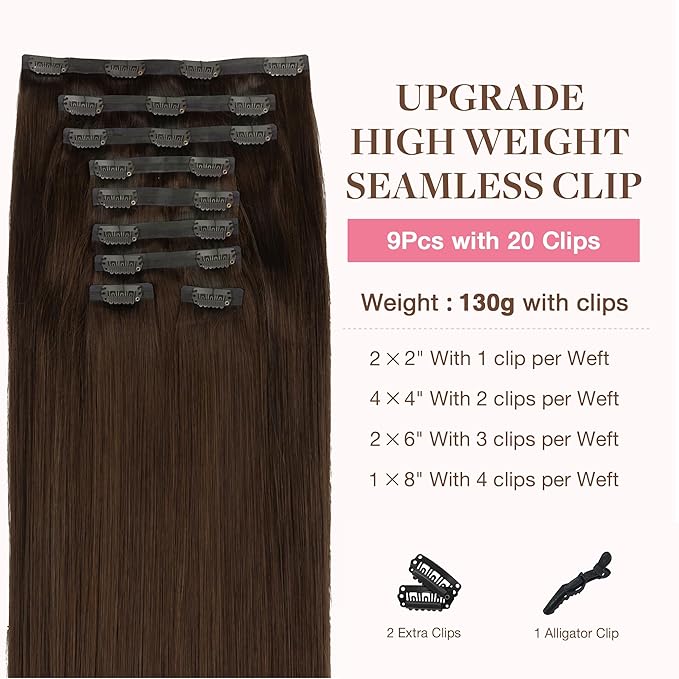 GOO GOO Clip in Hair Extensions Real Human Hair, Remy Human Hair Extensions Clip ins for Women, Natural Human Hair, 14inch 130g 9Pcs, 4A Chocolate Brown
