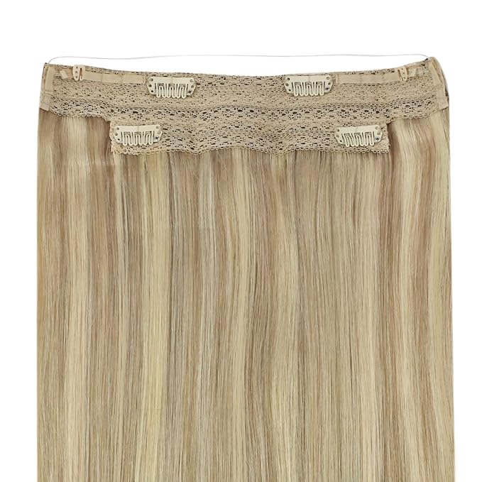 YoungSee Wire Hair Extensions Highlight Human Hair Wire Extensions Blonde Highlights Headband Hair Extensions Real Human Hair Golden Blonde with Light Blond Short Straight Hair 12Inch 70G