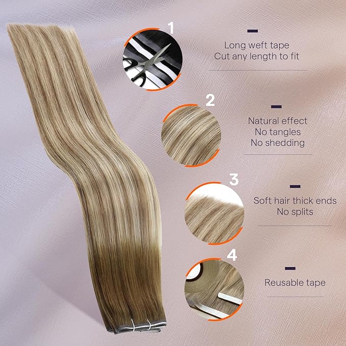 Full Shine Genius Weft Hair Extensions Human hair 18Inch Color 3 Dark Brown Ombre 8 Ash Brown And 22 Blonde Tape in Weft Hair Extensions 50G One Piece Long Weft Tape in Extensions for Daily Look