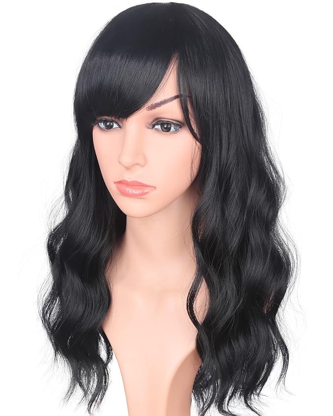 Medium Long Black Wavy Wigs For Women Synthetic Full Hair Natural Black Wigs With Side Bangs For Daily Use 16 Inches (NATURAL BLACK(1#))