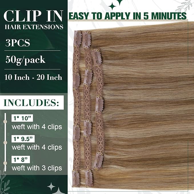RUNATURE Human Hair Clip in Extensions, Real Hair Extensions Clip Ins, Straight Clip in Hair Extensions, Add Hair Volume, Full Ends, 12 Inch 50g 3pcs #10P16 Caramel Blonde Highlights