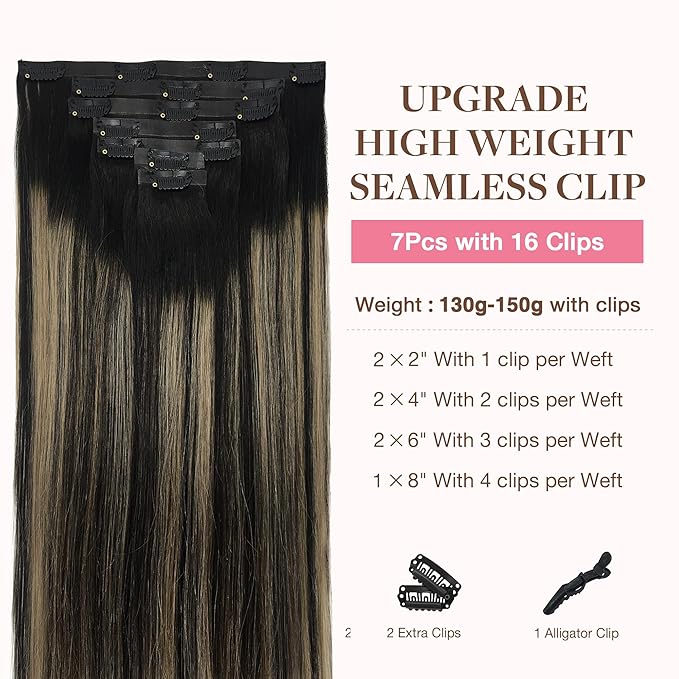 GOO GOO Clip in Hair Extensions Real Human Hair, Remy Human Hair Extensions Clip ins for Women, Natural Human Hair, 16inch 130g 7Pcs, 1B/16/1B Balayage Natural Black to Light Blonde