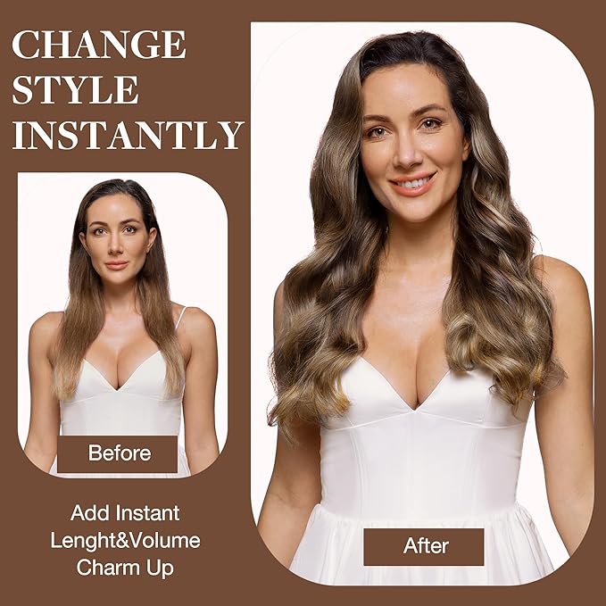 GOO GOO Clip in Hair Extensions Real Human Hair, Remy Human Hair Extensions Clip ins for Women, Natural Human Hair, 18inch 120g 7Pcs, 4/27/4 Balayage Chocolate Brown to Caramel Blonde