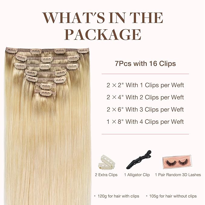 GOO GOO Clip in Hair Extensions Real Human Hair, Remy Human Hair Extensions Clip ins for Women, Natural Human Hair, 16inch 120g 7Pcs, #R7/60F