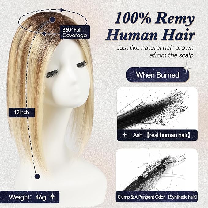 starluck Hair Toppers for Women Real HumanHair,5.5"*4"MONO Large Base, Real Human Hair-Toppers for Women with Thinning,46g Hand-moven Topper,Gray Roots,High Volume,Ombre Blonde with Brown Highlight