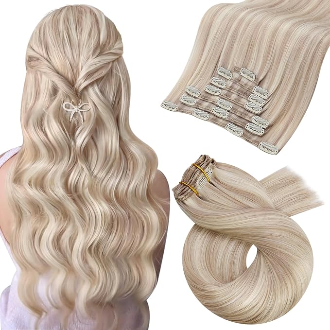 Moresoo Clip in Hair Extensions Blonde Highlights Ash Blonde with Bleach Blond Human Hair Clip in Extensions Straight Double Weft 120g/7pcs 20 inch