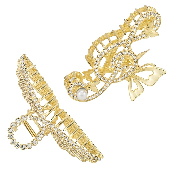 2PCS Gold Music Note Rhinestone & Pearl Claw Clips, Large Metal Hair Clips, Bling Hair Accessories for Women & Girls